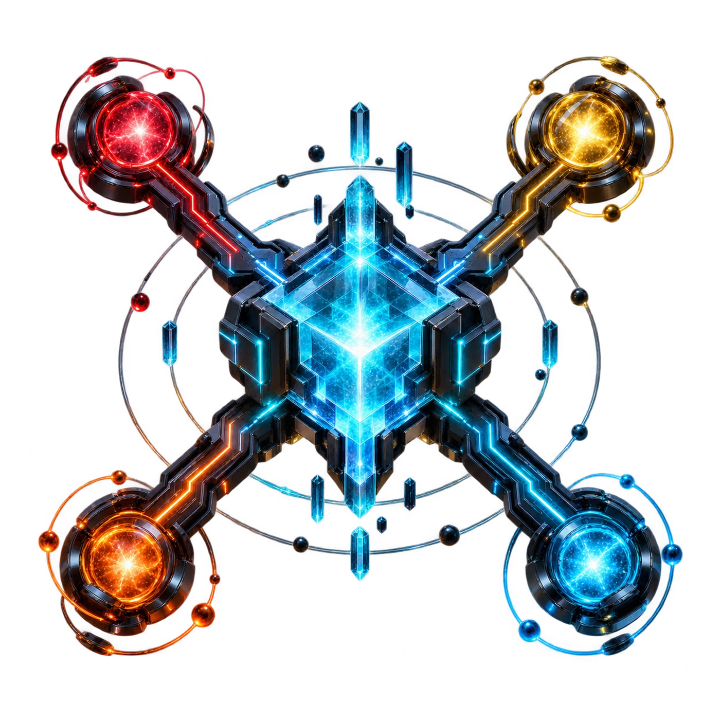 Four luminous agent nodes connected around the AgentIntersect World core