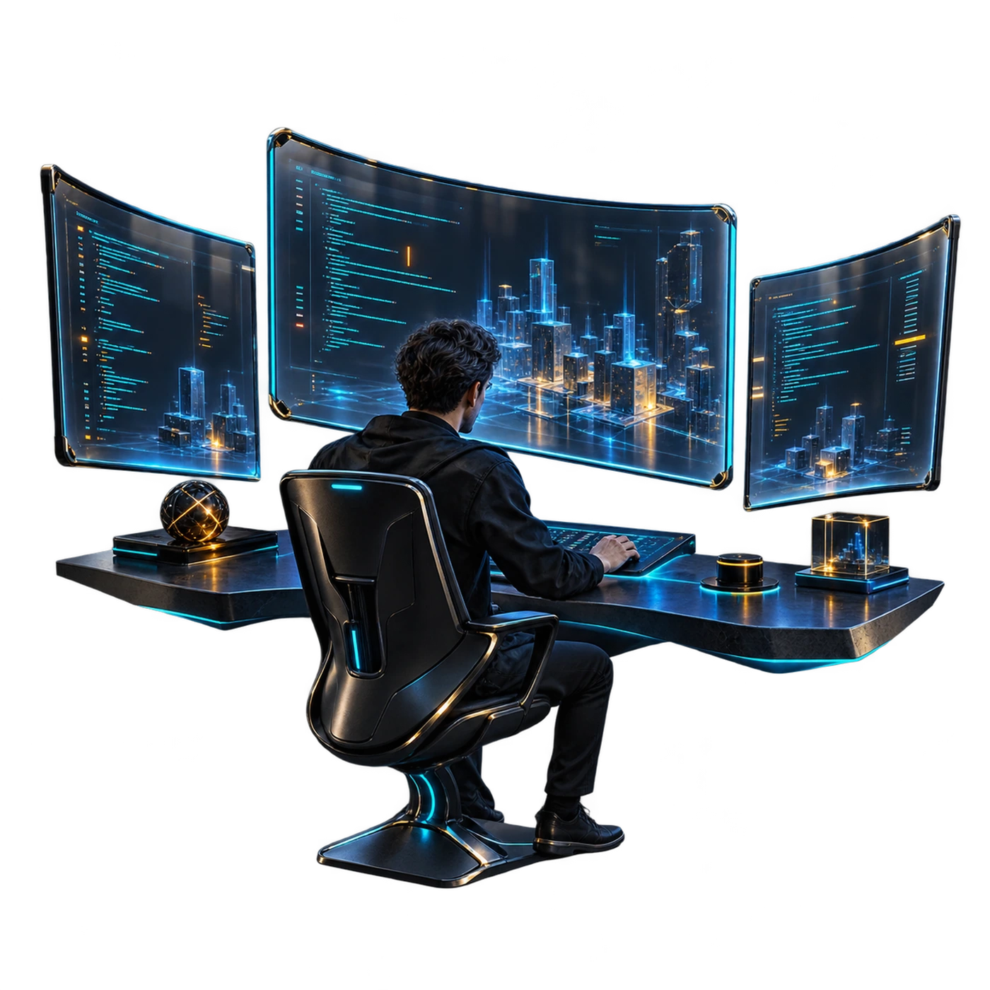 Developer and curved desk surrounded by spatial code displays